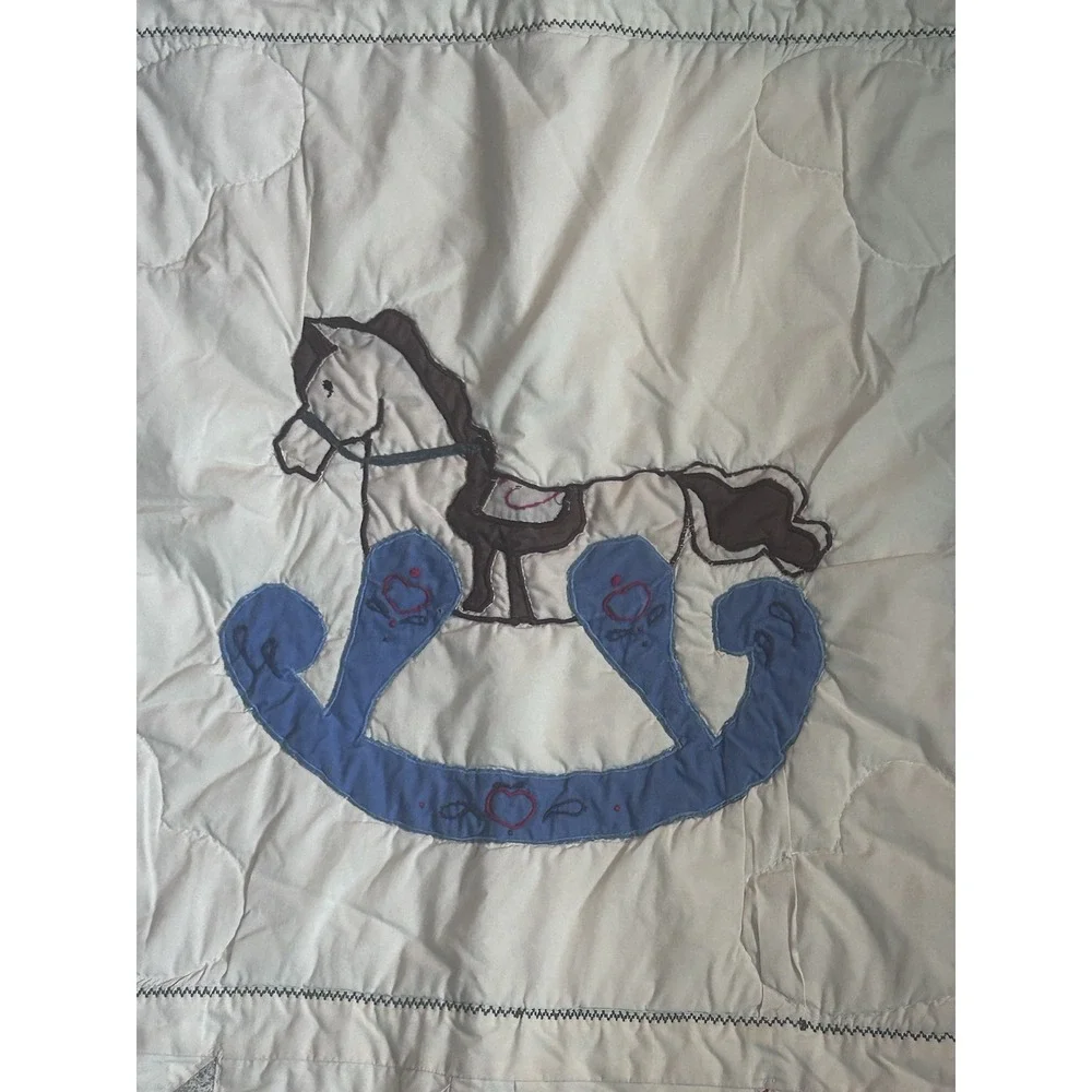 Handmade Baby Crib Quilt 44x45 Rocking Horse Pinwheel Patchwork Blue Red